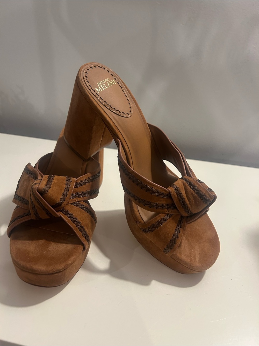 ANTONIO MELANI Brown Suede Knotted Platform Mules